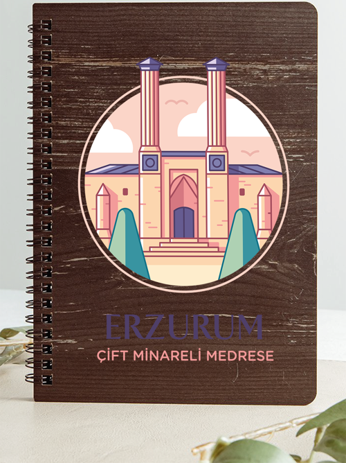 SARTDFTREÇM Erzurum Çift Minareli Medrese Şehir Tasarım Ahşap Kapaklı Defter Kraft Kağıt Özel Tasarım Hediye
