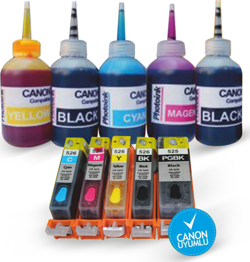 Canon PGI 525 - CLI 526 C M Y (5 Renk) UYUMLU Dolan Kartuş Seti - DOLU - (OTO RESET ÇİPLİ - ip48