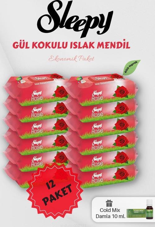 Gül Kokulu 50' li Islak Mendil 12 Paket Yeşil Cold Mix Hediyeli