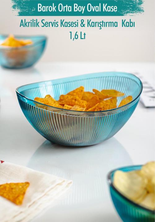 Akrilik Barok Aquamarin Orta Boy Oval Meyve & Salata Kasesi & Karıştırma Kabı / 1,6 Lt  (CAM DEĞİLDİR)