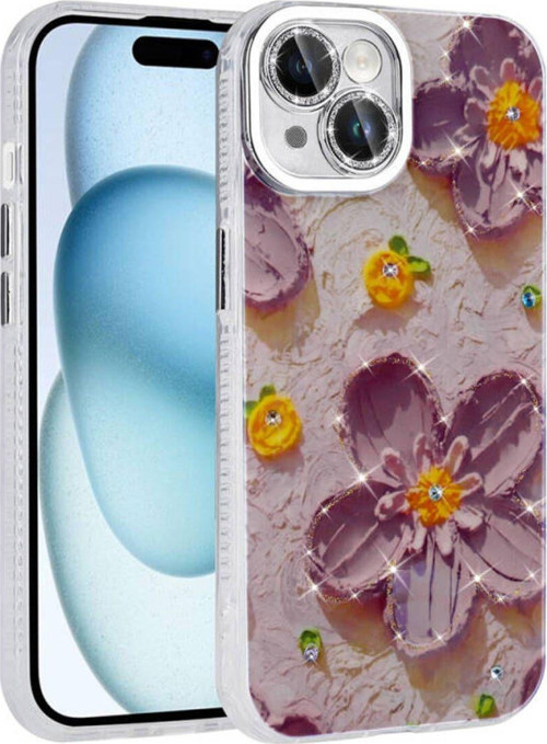 İphone 15 Kılıf Çiçek Desenli Parlak Taşlı Sert Silikon Garden Kapak