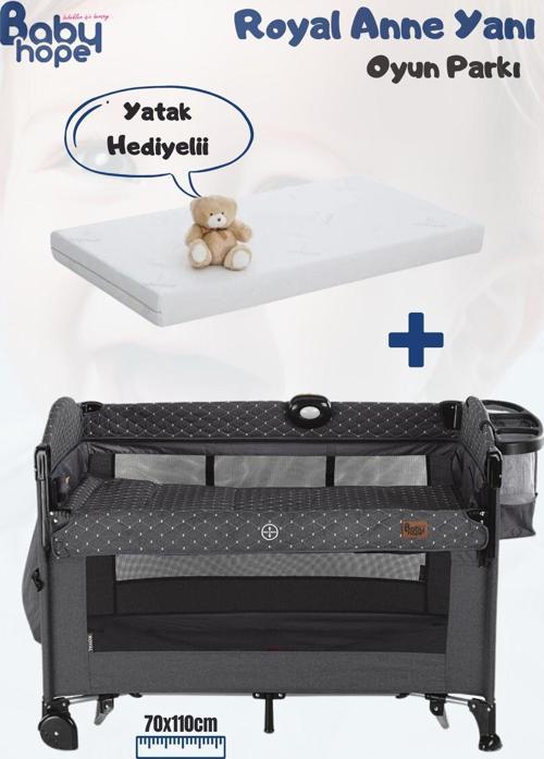 Royal Anne Yanı Oyun Parkı Beşik 70X110 Cm Yatak Hediyeli Koyu Gri