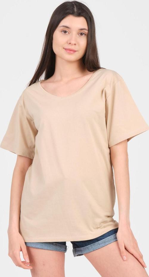 Bej V Yaka Kısa Kol Boyfriend Kadın T-Shirt