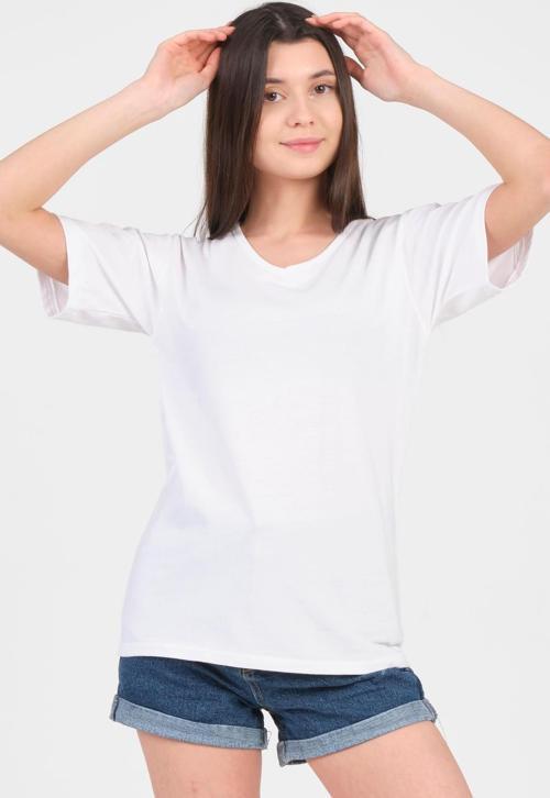 Beyaz V Yaka Kısa Kol Örme Kadın T-Shirt