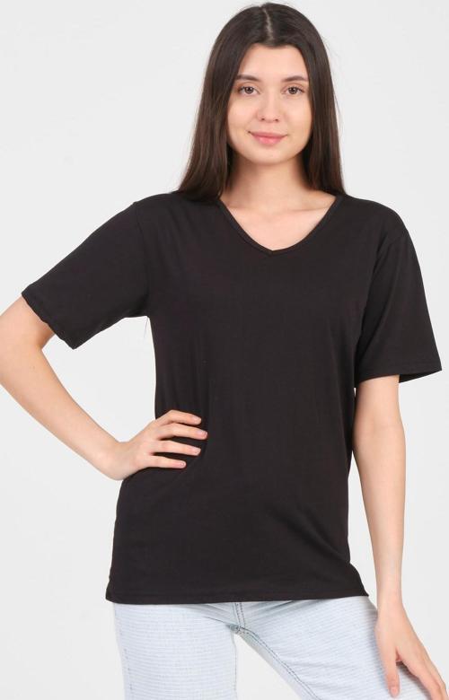 Siyah V Yaka Kısa Kol Örme Kadın T-Shirt