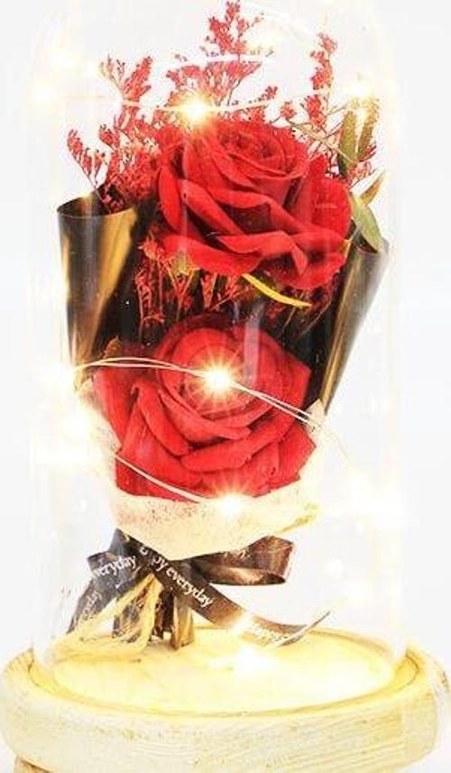 Fanus Gül 23.5/12cm Cam Fanus Led Işıklı Hediyelik