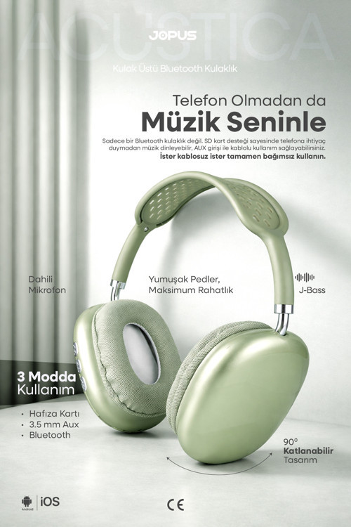 Bluetooth Kulaklık iOS Android Uyumlu Yüksek Ses Kalitesi Mikrofonlu Kulaklık Acustica Yeşil
