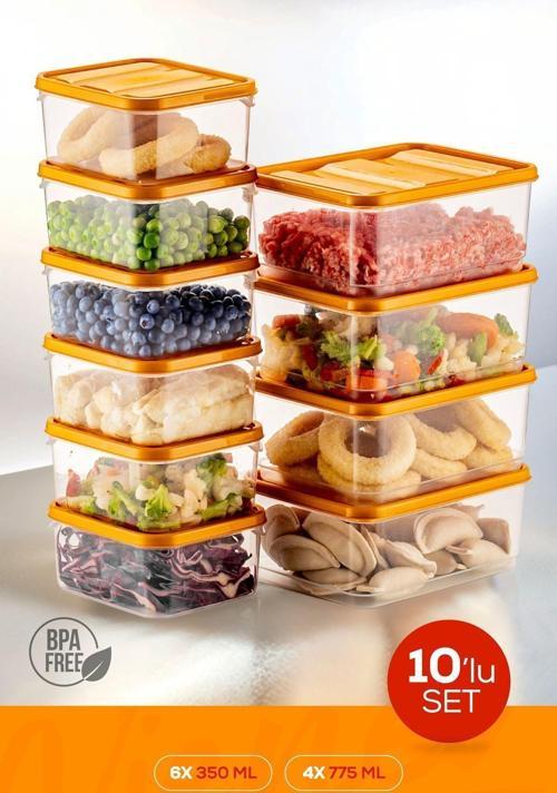 10lu Buzdolabı Düzenleyici Organizer Mikrodalgaya Uygun Difriz Saklama Kabı Turuncu