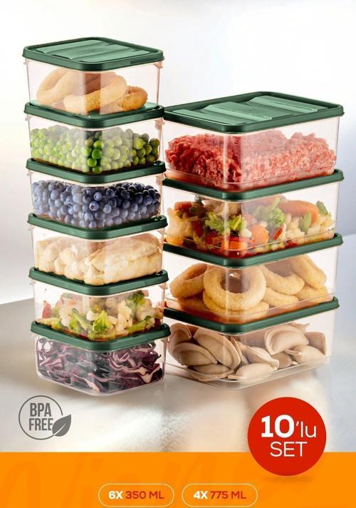 10lu Buzdolabı Düzenleyici Organizer Mikrodalgaya Uygun Difriz Saklama Kabı Yeşil