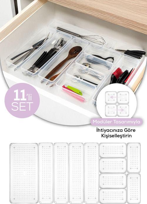 11li Set Çekmece İçi Kaşıklık - Dolap İçi Çatal-Kaşık Bıçak Düzenleyici Organizer