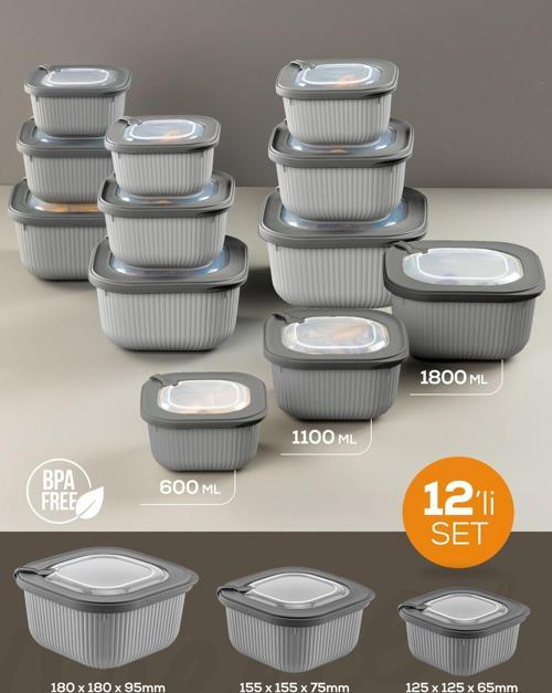 12li 4x(600-1100-1800 ml) Mikrodalga ve Difrize Uygun Vip Kapaklı Özel Saklama Kabı Seti Antrasit