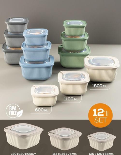 12li 4x(600-1100-1800 ml) Mikrodalga ve Difrize Uygun Vip Kapaklı Özel Saklama Kabı Seti Renkli