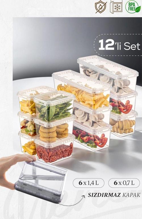 12li 6x(1,4-0,7 lt) Block Buzdolabı ve Derin Dondurucu Sızdırmaz Saklama Kabı Şeffaf
