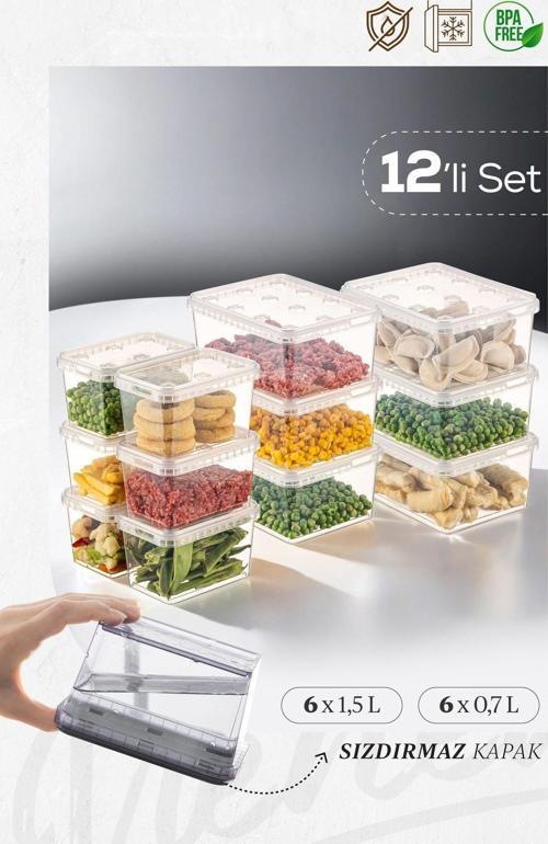 12li 6x(1,5-0,7 lt) Block Buzdolabı ve Derin Dondurucu Sızdırmaz Saklama Kabı Şeffaf