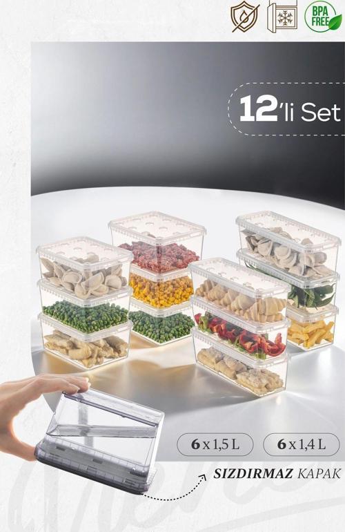 12li 6x(1,5-1,4 lt) Block Buzdolabı ve Derin Dondurucu Sızdırmaz Saklama Kabı Şeffaf