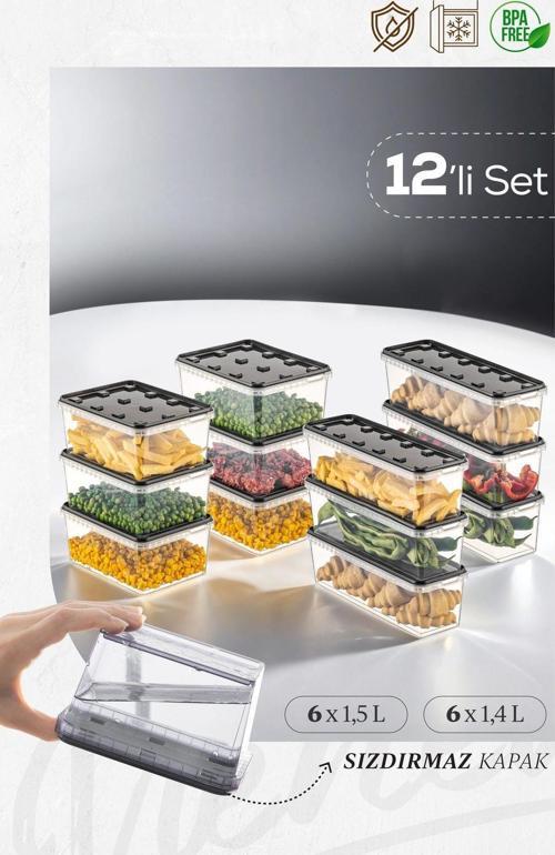 12li 6x(1,5-1,4 LT) Block Buzdolabı Ve Derin Dondurucu Sızdırmaz Saklama Kabı Şeffaf Antrasit