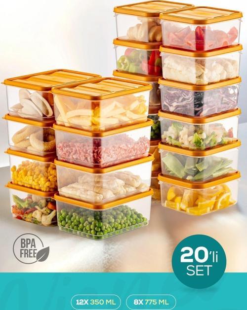 20 Parça Buzdolabı Difriz Düzenleyici Organizer Mikrodalgaya Uygun Saklama Kabı Turuncu