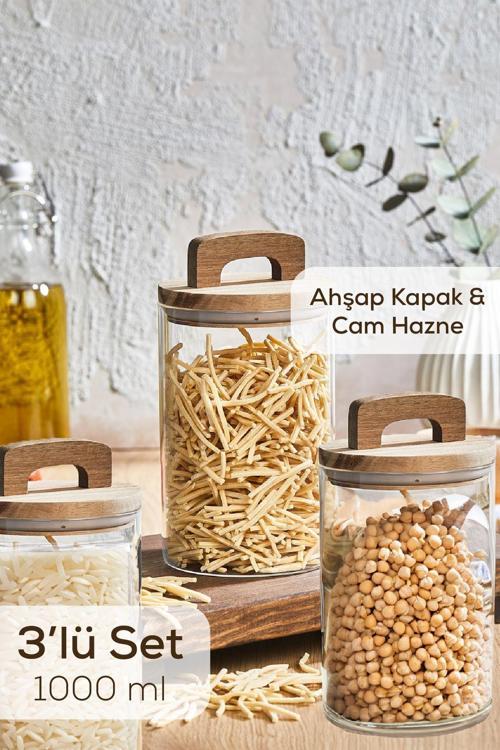 3lü 1000 ml Ahşap Kapaklı Tutacaklı Kavanoz