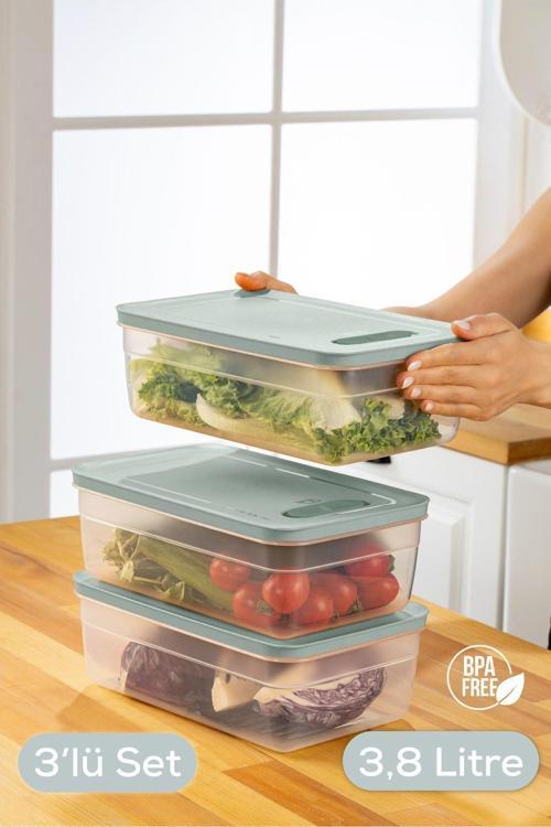 3lü Ayarlı Sebze ve Meyve Saklama Kabı Mint 3,8 Litre