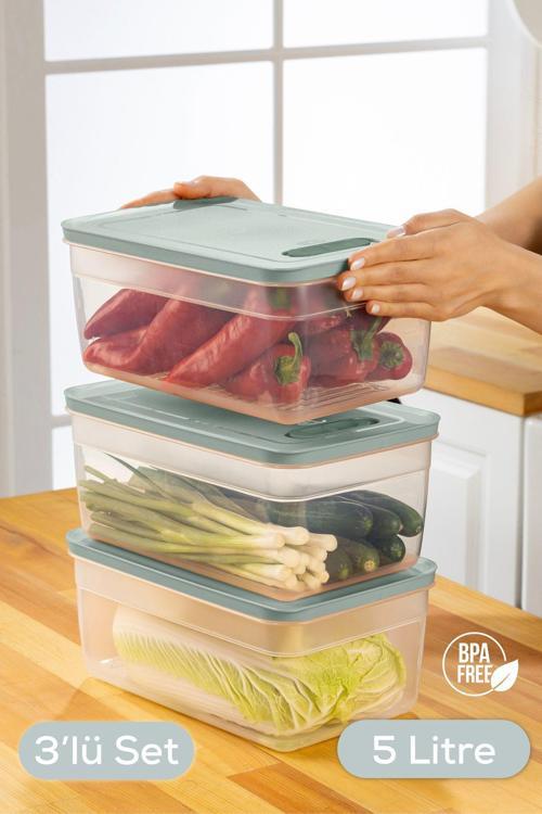 3lü Ayarlı Sebze ve Meyve Saklama Kabı Mint 5 Litre