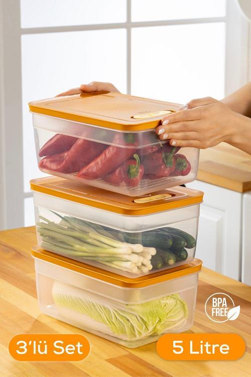 3lü Ayarlı Sebze ve Meyve Saklama Kabı Turuncu 5 Litre