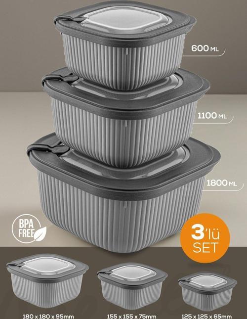 3lü Mikrodalga ve Difrize Uygun Vip Kapaklı Özel Saklama Kabı Seti Antrasit