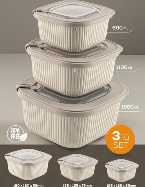3lü Mikrodalga ve Difrize Uygun Vip Kapaklı Özel Saklama Kabı Seti Bej