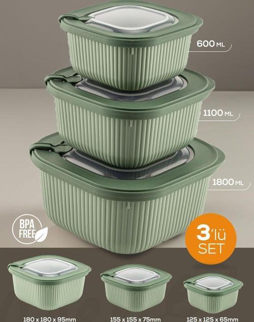 3lü Mikrodalga ve Difrize Uygun Vip Kapaklı Özel Saklama Kabı Seti Yeşil
