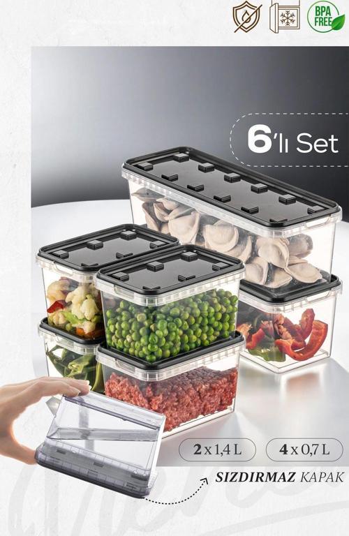 6lı 2x(1,4 LT)-4x(0,7 LT) Block Buzdolabı Ve Derin Dondurucu Sızdırmaz Saklama Kabı Şeffaf Antrasit