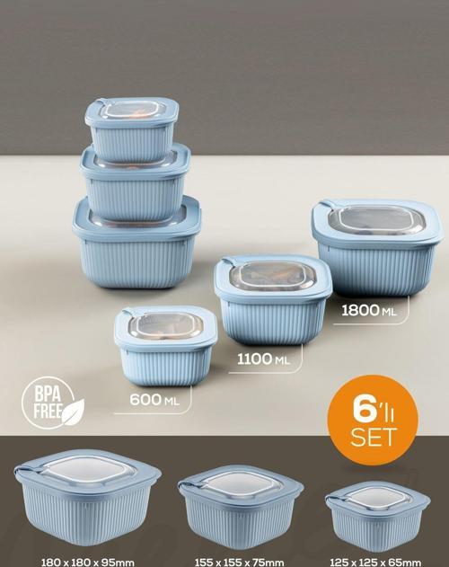 6lı 2x(600-1100-1800 ml) Mikrodalga ve Difrize Uygun Vip Kapaklı Özel Saklama Kabı Seti Mavi