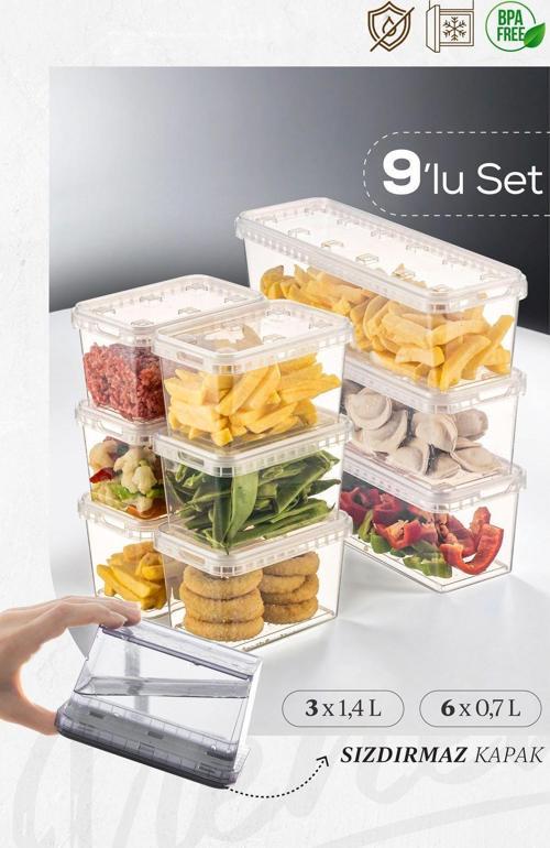 9lu 3x(1,4 lt)-6x(0,7 lt) Block Buzdolabı ve Derin Dondurucu Sızdırmaz Saklama Kabı Şeffaf