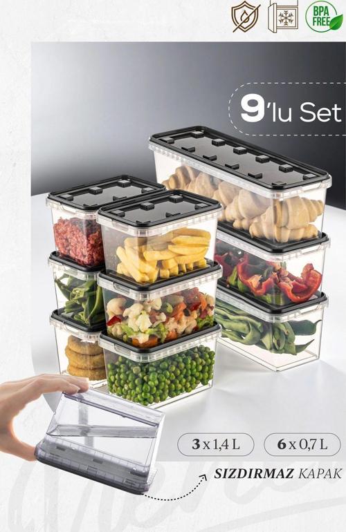 9lu 3x(1,4 LT)-6x(0,7 LT) Block Buzdolabı Ve Derin Dondurucu Sızdırmaz Saklama Kabı Şeffaf Antrasit