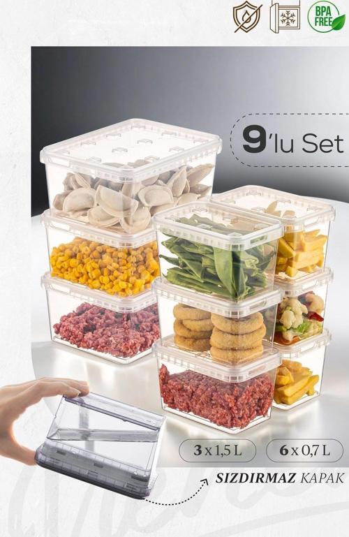9lu 3x(1,5 lt)-6x(0,7 lt) Block Buzdolabı ve Derin Dondurucu Sızdırmaz Saklama Kabı Şeffaf