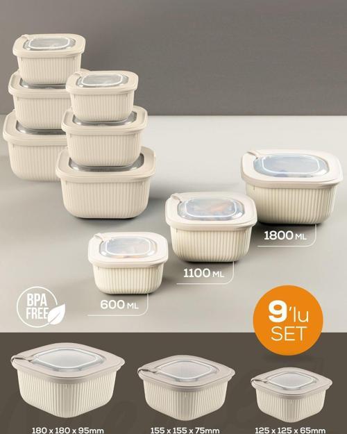9lu 3x(600-1100-1800 ml) Mikrodalga ve Difrize Uygun Vip Kapaklı Özel Saklama Kabı Seti Bej