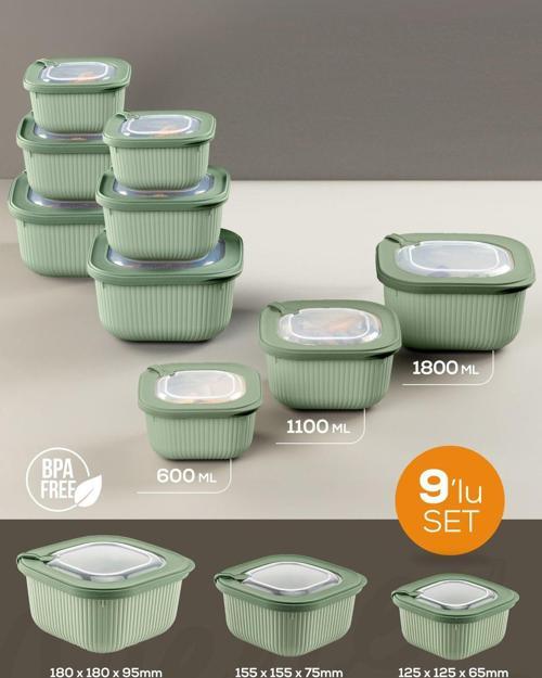 9lu 3x(600-1100-1800 ml) Mikrodalga ve Difrize Uygun Vip Kapaklı Özel Saklama Kabı Seti Yeşil