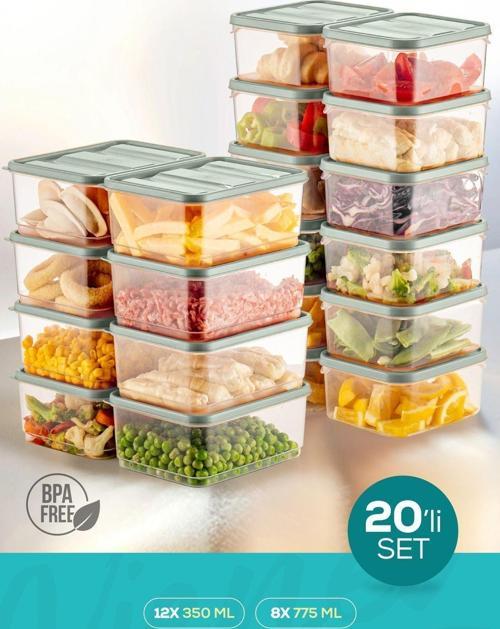 Mikrodalga ve Difrize Uygun 20 Parça Buzdolabı Düzenleyici Organizer Saklama Kabı Seti Mint