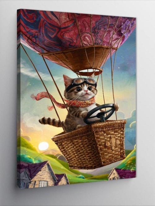 Kanvas Tablo Kedi Ve Uçan Balon