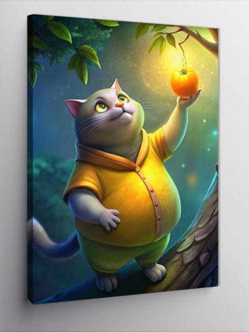 Kanvas Tablo Ağaçtan Meyve Toplayan Kedi