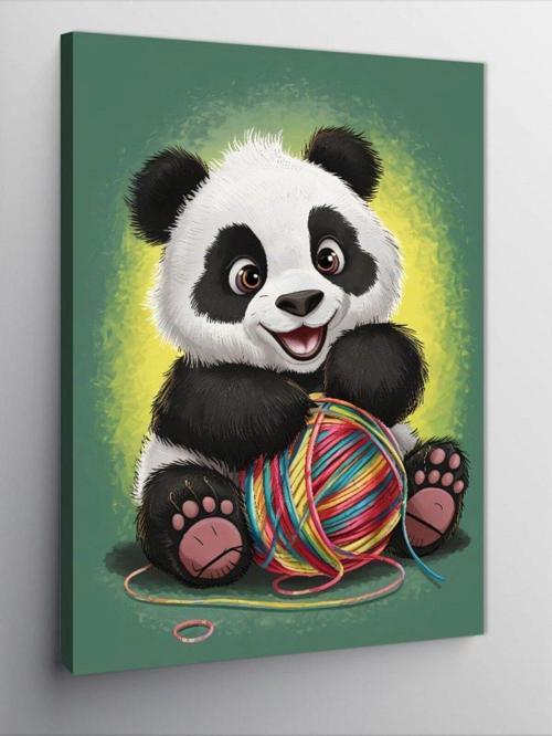Kanvas Tablo Sevimli Panda Ve Yün Yumağı