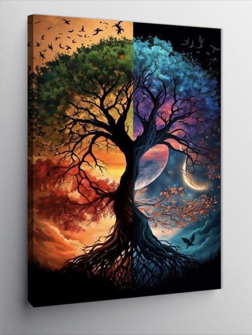 Kanvas Tablo Dört Mevsim Ağaç Ve Gezegen