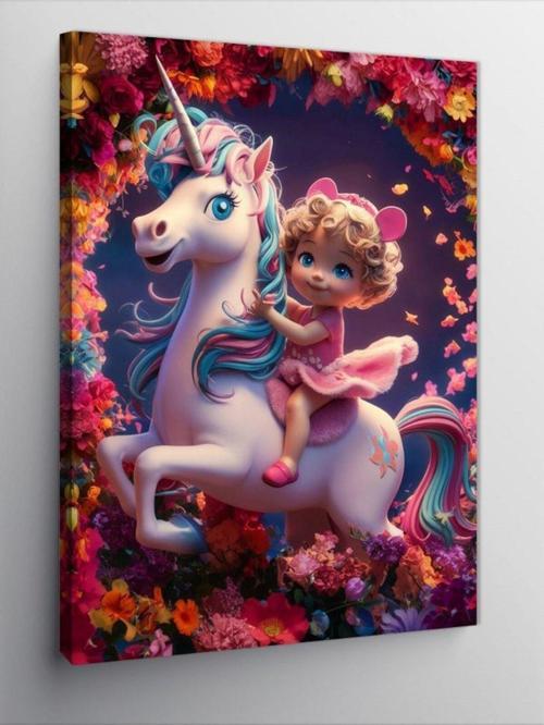 Kanvas Tablo Tek Boynuzlu At Ve Kız Çocuğu