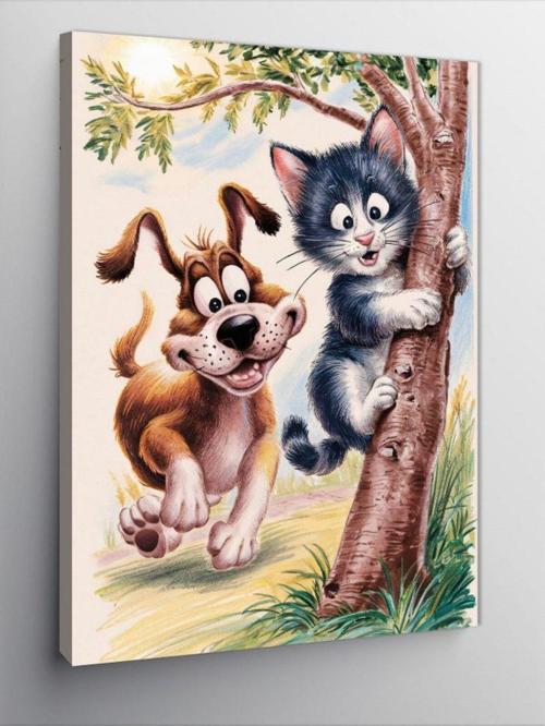 Kanvas Tablo kedi kovalayan köpek