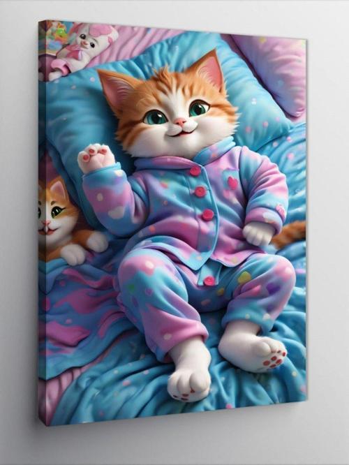 Kanvas Tablo Pijamalı Uykuya Hazır Sarı Kedi