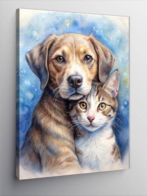 Kanvas Tablo Köpek ve kedi pozu
