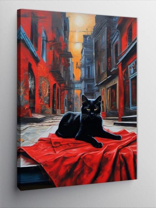 Kanvas Tablo Siyah Kedi Kırmızı Kumaş