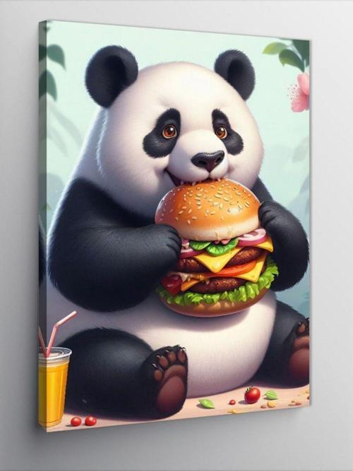 Kanvas Tablo Hamburger Yiyen Panda