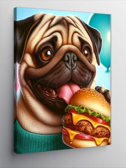Kanvas Tablo Hamburger Yem Pug Köpek