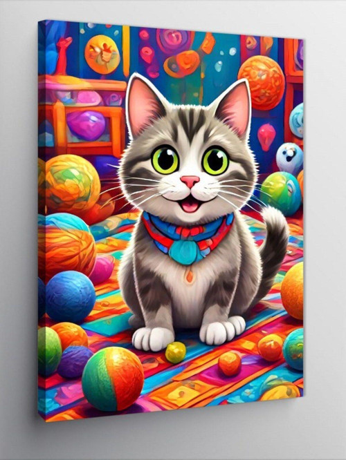 Kanvas Tablo Renkli Toplar Ve Kedi
