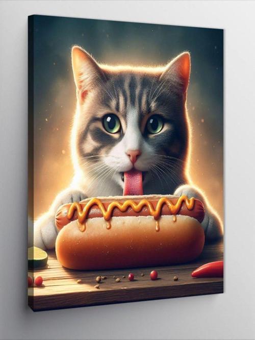 Kanvas Tablo Hotdog Yiyen Kedi