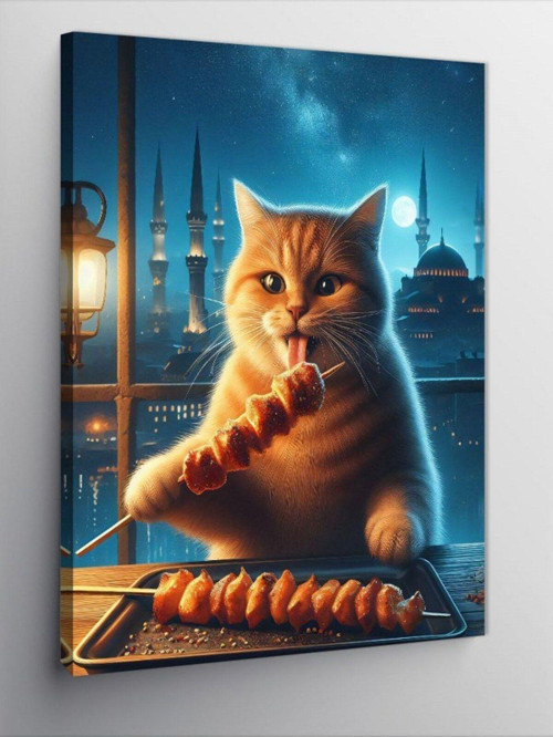 Kanvas Tablo Şiş Kebap Yapan Kedi